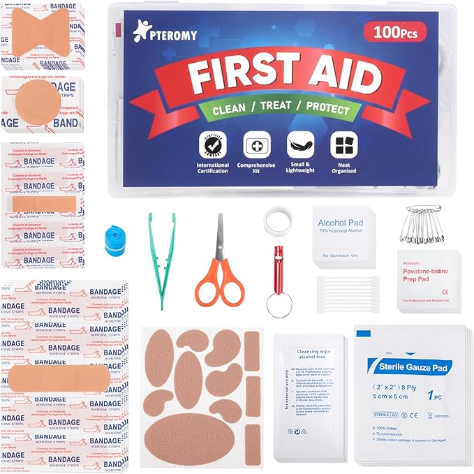 PTEROMY 100 Piece Mini First Aid Kit, Portable Small Emergency Kits Compact 1st Aid Kit for Car, Travel, Home, Camping, Outdoor, Hiking
