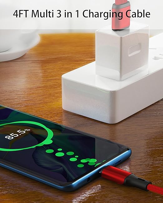 Multi USB C Cable 4FT 2Pack, 3 in 1 Multiple Type C Charging,3A Splitter USB-C Charging, Red Nylon Cord,USB C to 3 USB C Port, Compatible with iPhone 15,iPad Pro,Samsung S24,Google,Android,Kindle fire