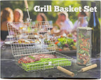 Grill Basket Set, Removable Wooden Handle, 304 Stainless Steel, Rolling BBQ Tools, Smoker Grilling Accessories for Vegetable Fish, Outdoor Cooking Camping, Birthday Gifts for Men Dad Husband