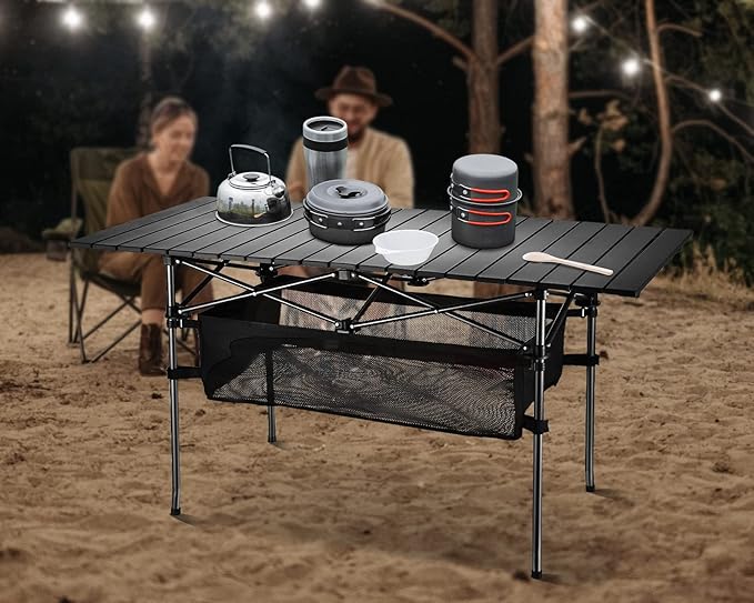 Lightweight Aluminum Folding Camping Table (47” x 21.65” x 26.7”), Portable Roll-Up Design for Outdoor, Camping, Beach, BBQ, Patio, and Picnic, Durable & Waterproof with Carrying Bag