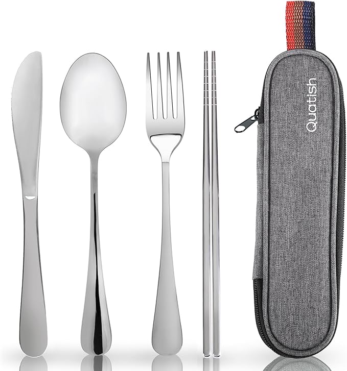 Travel Utensils with Case, Quatish Portable Silverware Set for Work, Stainless Steel Reusable Travel Cutlery Set, Fork and Spoon Set for Camping, EDC Gadgets, Lunch Box for Men, Silver