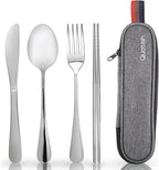 Travel Utensils with Case, Quatish Portable Silverware Set for Work, Stainless Steel Reusable Travel Cutlery Set, Fork and Spoon Set for Camping, EDC Gadgets, Lunch Box for Men, Silver
