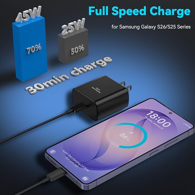 45W Super Fast Charger USB Type C Charger Cord 10FT with Android Phone Charger Fast Charging Block for Samsung Galaxy S26/S26 Ultra/S26+/S25/S25 Ultra/S25+/S24/S23/S22/S20/S21/Note 20/Note 10, Black