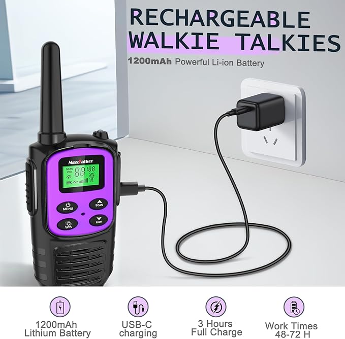 Walkie Talkies Long Range for Adult, MT10 Rechargeable Walkie Talkies FRS Two Way Radio, NOAA, 1200mAh Li-ion Battery USB-C Cable, LED Flashlight,VOX Walkie Talkie for Camping 2Pack (Purple)