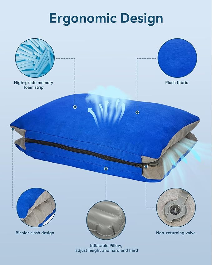 JefDiee Camping Pillow for Sleeping Bags with Memory Foam and Washable Cover Travel Lumbar Pillow for Car, Sleeping Bags, Office Chair Back Support Office Chair Back Support(Azure, Standard)
