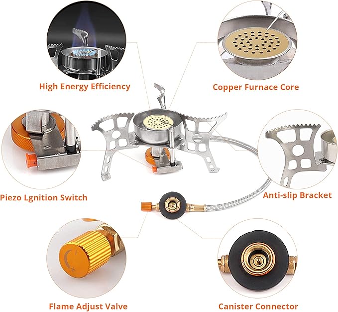 Camping Stove with Fuel Canister Adapter Portable Collapsible Gas Stove with Piezo Ignition-3900W-Lightweight-Windproof-Butane Adapter Camping and Backpacking Mini Stove Kit for Hiking