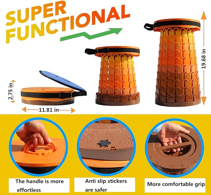 Upgraded 19.7"Portable Collapsible Folding Stool with Cushion Retractable Telescoping Foldable Stool for Adults Heavy Duty Camping Sturdy with Max Load Capacity 1000lbs for Outdoor Fishing Hiking BBQ