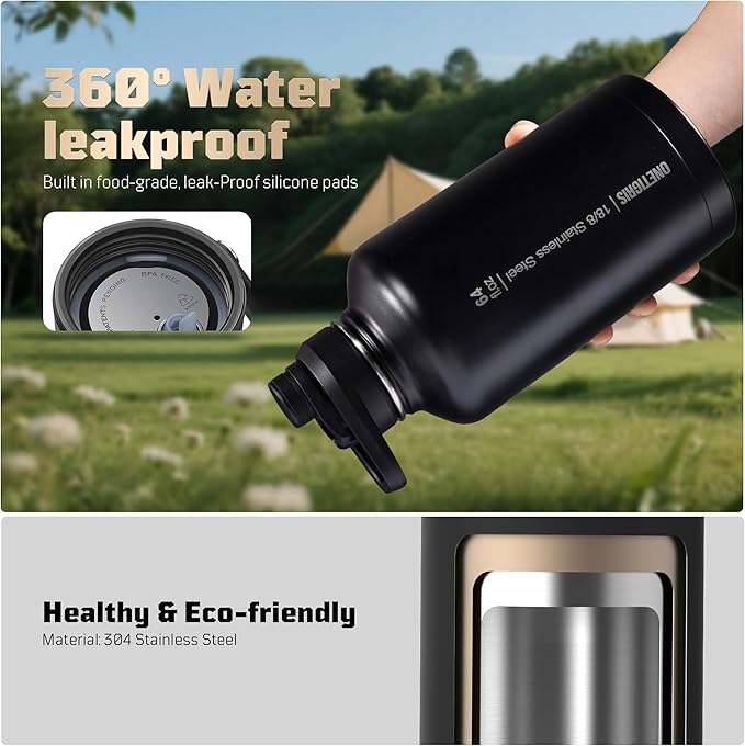 OneTigris Tactical Half Gallon Water Bottle with Straw - 64 oz Vacuum Insulated Stainless Steel Water Jug, Leakproof Sport Bottle with 3 BPA Free Lids, Paracord Handle & MOLLE Water Pouch for Outdoor