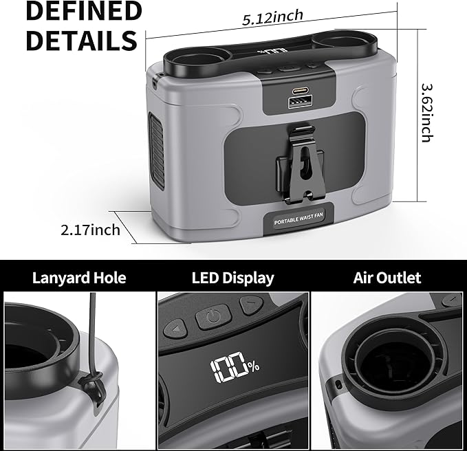 20000mAh Portable Waist Fan, Personal Fan Clip on with Rechargeable Battery operated, 40H Cooling,10 Speeds,16000RPM Hands-Free Belt Neck Fan for Outdoor Jobsite Gardening Camping Travel (Grey)