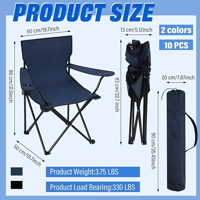 Huwena 10 Pack Folding Camping Chairs Bulk with Cupholder Carry Bags Lightweight Camp Chairs Collapsible Portable Outdoor Lawn Chair for Picnic, Beach, Outside