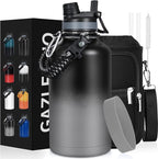 Insulated Water Bottle 64 oz, Half Gallon Water Jug Cold 48H, BPA Free Stainless Steel Bottles with Straw/Chug 2-in-1 Lid, Bag, Paracord Handle, Silicone Boot, Sports Gym School Metal Flask