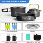 Odoland 15pcs Camping Cookware Mess Kit, Non-Stick Lightweight Pot Pan Kettle Set with Stainless Steel Cups Plates Forks Knives Spoons for Camping, Backpacking, Outdoor Cooking and Picnic