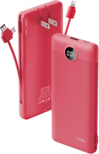Portable Charger Built-in Cables and AC Wall Plug, VRURC USB C Power Bank 10000mAh, Travel Battery Portable Phone Charger Compact Lightweight External Battery Pack for SmartPhones,Tablets-Viva Magenta