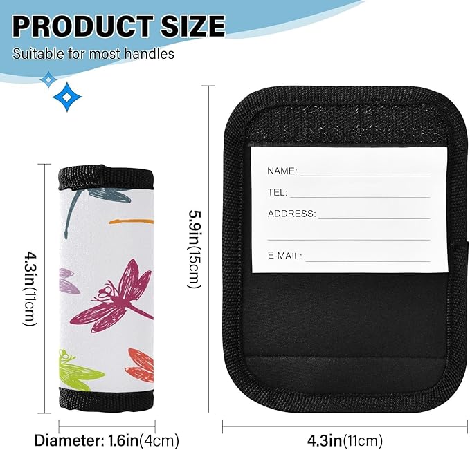 4 PC Luggage Handle Wrap Luggage Handle Covers Tags for Suitcase Bags Travel Luggage Handle Identifier Gripper Dragonfly Colorful