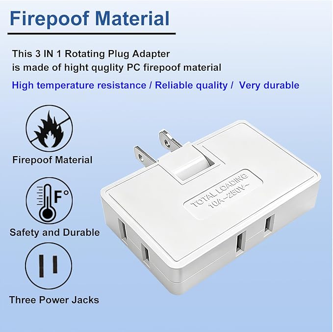 Flat Outlet Extender,3 Way 2 Prong180 Degree Portable Swivel Wall Tap Plug,Ultra Thin Folding Electrical Outlet Splitter (Easy Install),Type A,White,Pack of 3