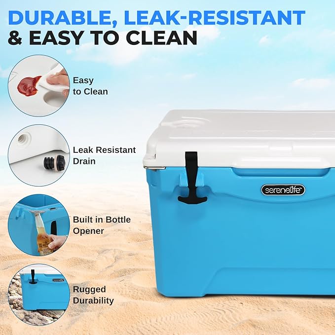 SereneLife Ultra-Tough 25-75 Quart Rotomolded Cooler Box, Holds Upto 64 Cans, Keeps Ice Up to 5 Days, Heavy-Duty Insulated Portable Ice Chest Box, Ideal for Camping, Beach, Picnics, Tailgating, etc