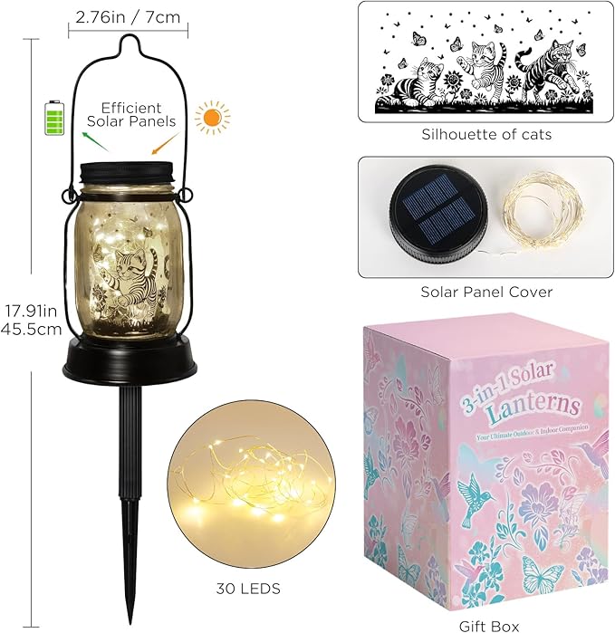 Cat Gifts Cat Solar Lanterns Cat Solar Lights Outdoor Cat Lover Gifts for Women Men Cat Lovers Gifts Hanging Cat Lanterns with Stake for Yard Lawn Garden Decor Waterproof Cat Butterfly Lantern Torches