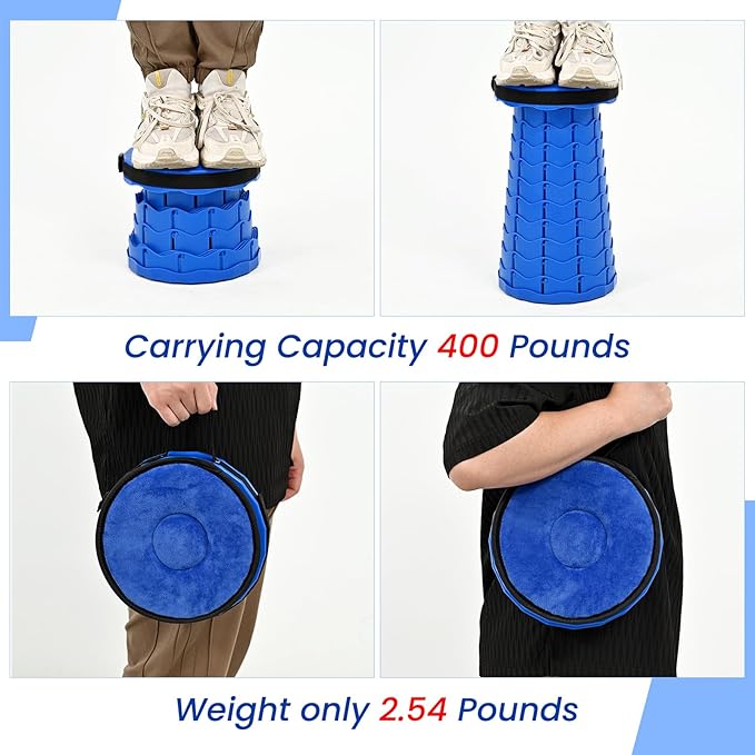 2 Pack Upgraded Collapsible Stools Folding Stool with Cushion,Retractable Folding Stool Max Load Capacity 400lbs, Portable Telescoping Stools for Camping Hiking Outdoor BBQ Fishing-Dark Blue