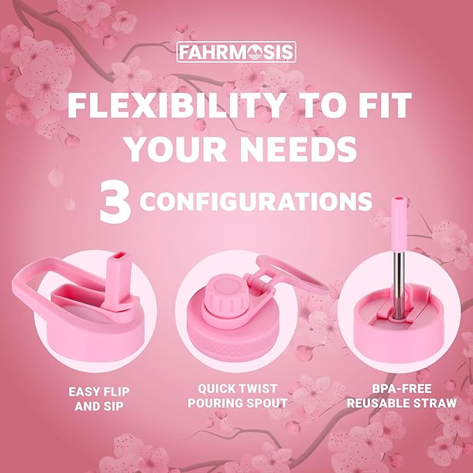 32 Oz Insulated Water Bottle with Strap Stainless Steel Sports Water Bottle with 3 Lids (Straw, Chug & Flip Lid) 1 Liter Leak Proof Insulated Metal Jug for Men & Women - Pink (Solid)