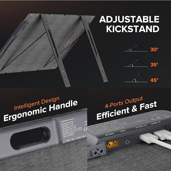 100W Portable Solar Panel for for Camping,RV,Off-Grid-23.5% Efficiency,Lightweight Foldable,USB-A,Type-C & XT60 Output,IP67 Waterproof,IEC Certified