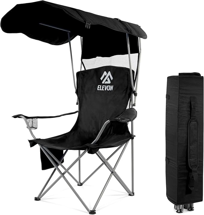 Camping Chair, Oversized Folding Chair with Canopy, Portable Outdoor Chair with Arms, Cup Holder and Carry Bag for Camping, Fishing, Beach, and Sports, Graphite