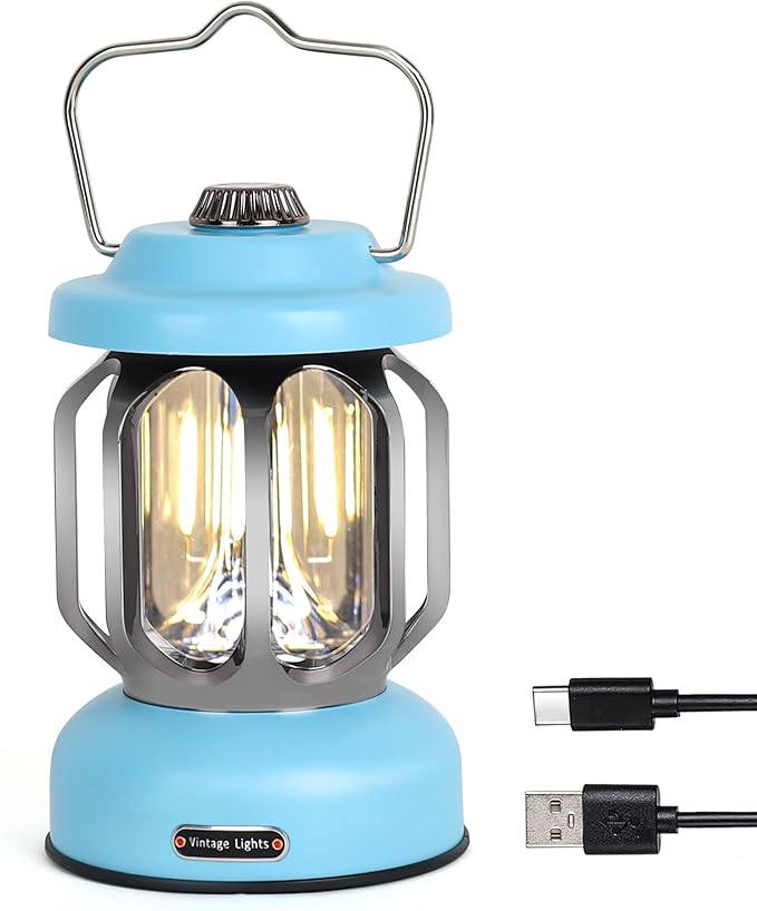 Rechargeable LED Camping Lanterns, 2000mAh Vintage Camping Lights Battery Operated Rechargeable , Hanging Retro Metal Hiking Tent Lamp for Emergency, Hurricane,Decoration,Home,Blue, 1 Pack
