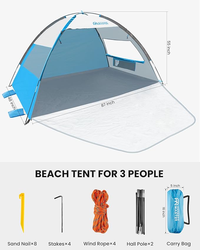 OutdoorMaster Beach Tent Sun Shelter with 2 Ventilated Doors, UPF50+ Easy Setup Beach Tent Canopy for 3 Person, Lightweight & Portable Family Beach Umbrellas for Sand with Carrying Bag -Ocracoke Coast