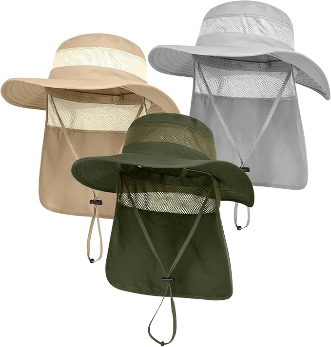 3 Pack Mens UPF 50+ Wide Brim Sun Hat with Neck Flap for Fishing Hiking Garden