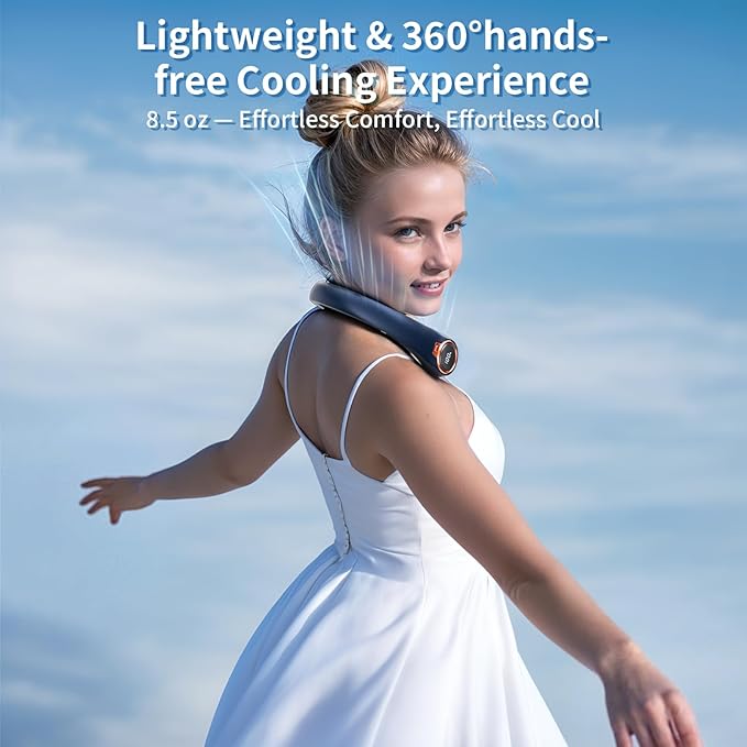 Portable Neck Fan with 6000mAh USB - Rechargeable Battery, 360° Cooling Wearable Fan, 3 Speeds, Ultra-Light Bladeless Neck Fan LED Display (Blue)