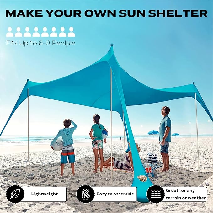 Beach Tent Sun Shelter 10 x 10ft, with 4 Aluminum Poles, Includes Sand Shovel, Ground Pegs and Carry Bag, Outdoor Pop Up Beach Shade Canopy for Camping, Fishing, Backyard Fun or Picnics