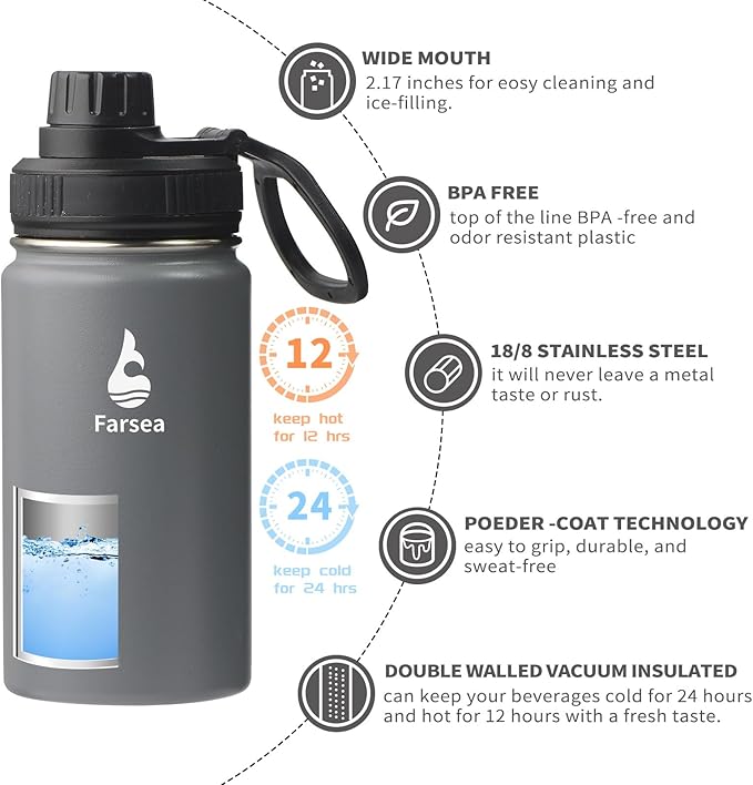 Farsea Insulated Water Bottle With Paracord Handle, Protective Silicone Boot and 2 Lids (Straw Lid & Spout Lid), Stainless Steel Water Bottle Wide Mouth, Double Wall Sweat-Proof BPA-Free,12 oz