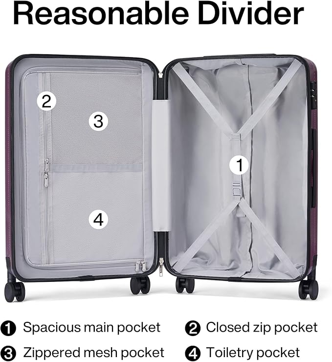 Hanke 24 Inch Luggage Suitcases With Spinner Wheels Lightweight PC Hard Shell Rolling Suitcase With Travel Lock,Checked-Medium 24-Inch（Purple）