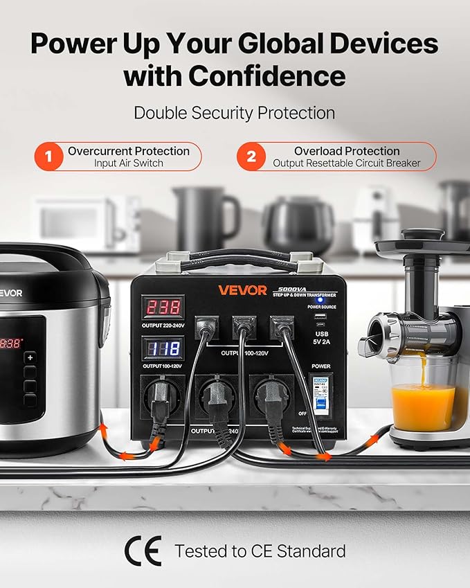 VEVOR Voltage Auto Converter Transformer, 5000VA, Heavy Duty Step Up/Down Power Transformer, 110V to 220V and 220V to 110V, with 3 US Outlets, 3 EU Outlets, LCD Display, Circuit Breaker Protection