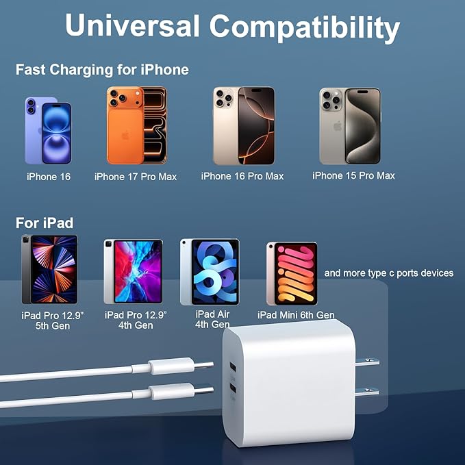 20W Dual Port USB C Fast Charger Block with 6.6FT Long USB C to C Charging Cable for Phone 17 16 15/16 15 Plus/17 16 15 Pro/17 16 15 Pro Max