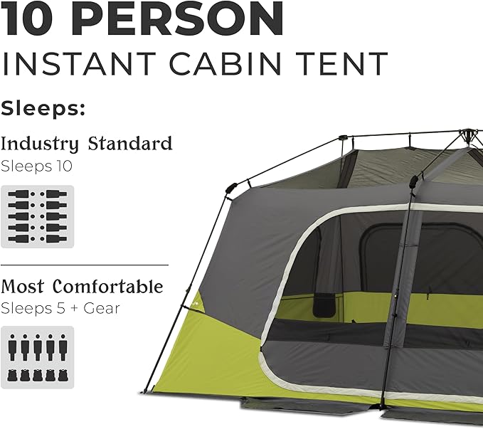 CORE Instant Cabin Tents | 6 Person / 9 Person / 10 Person / 12 Person Family Cabin Multi Room Pop Up Tents Car Camping | Included Storage Pockets for Camping Accessories