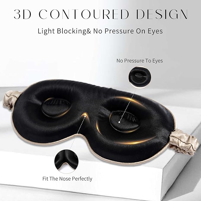 100% 22 Momme Mulberry Silk Sleep Mask, Eye Cover for Sleeping, Blackout 3D Sleep Masks for Lash Extensions with Adjustable Strap for Men and Women (Caramel)