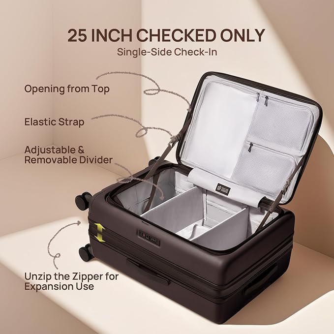 NINETYGO Medium Checked Luggage 25 Inch, Flat Top Opening Check In Luggage with Cup Holder, Expandable, Coffee-Infused PC Hard Shell, Eco-Friendly, TSA Lock, 360° Spinner Wheels (Americano)
