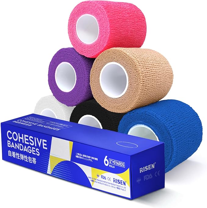 RISEN Cohesive Bandage 2” x 5 Yards, 6 Rolls, Self Adherent Wrap Medical Tape, Adhesive Flexible Breathable First Aid Gauze Ideal for Stretch Athletic
