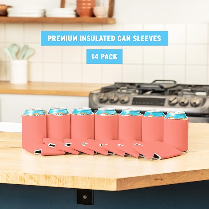 Blank Beer Can Coolers Sleeves (14-Pack) Soft Insulated Beer Can Cooler Sleeves - HTV Friendly Plain Can Sleeves for Beer Cans & Bottles - Blanks for Vinyl Projects Wedding Favors & Gifts (Coral)