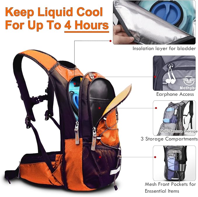 Insulated Hydration Backpack Pack with 3L BPA Free Leak Proof Water Bladder, Large Storage Lightweight Hiking Daypack with Waist Pouches & Cooler Layer, for Running, Biking, Camping, Festival