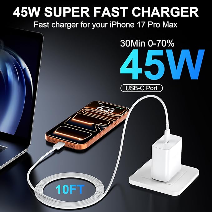 iPhone 17 16 Pro Max Charger Fast Charging, 45W USB C iPhone 17/16 Super Fast Charger Block with 10ft Long Type C Charging Cable Cord for iPhone 17 Pro Max/17 Pro/Air/17/16/16Pro/16ProMax/Plus/15/S25