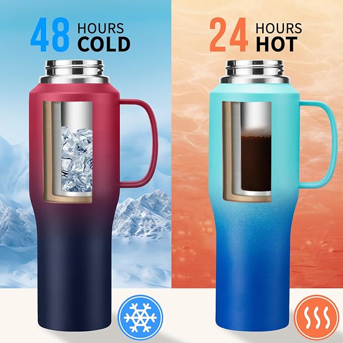32 40 OZ Stainless-Steel Cup with Handle - Vacuum Insulated Water Bottles with Straw, Strap Carrier Bag & Protective Boot, Leak Proof Coffee Tumbler Thermo Flask Cups for Car Office Gym