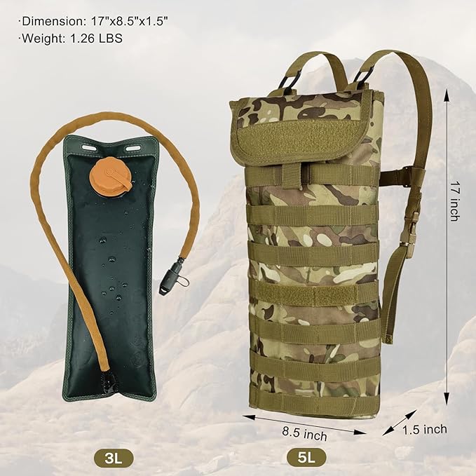 5L Hydration Pack, Water Backpack with 3L Water Bladder, MOLLE System for Outdoor Hiking, Biking, Running