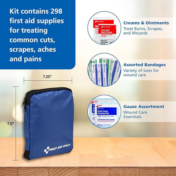 First Aid Only 299 Piece All-Purpose Emergency First Aid Kit for Home, Office, Car, Apartment, Dorm, and Camping, Travel-Friendly Compact Pouch Fits in Backpacks, Suitcases, Cabinets, and Drawers
