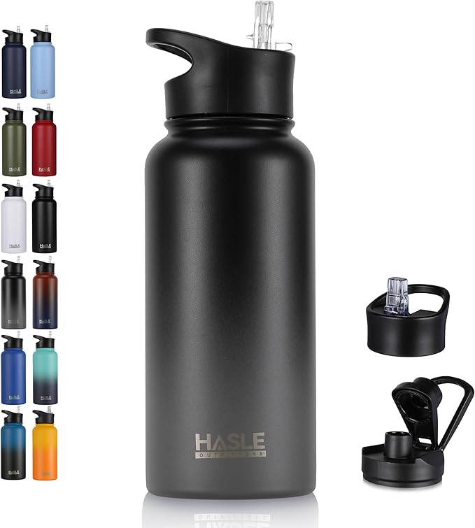 HASLE OUTFITTERS 32oz Stainless Steel Water Bottle, Vacuum Insulated Double Walled Leak Proof Sports Water Bottle with 2 Lids (Straw and Spout Lid) Thermo Mug Keep Cold and Hot(Black Gray Gradient,1)