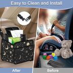 Car Backseat Organizer, PU Leather Back of Seat Car Hanging Organizer with Pockets Leakproof Car Garbage Bag Hanging Car Seat Storage Box Travel Accessories Foldable (Moon & Stars Black)