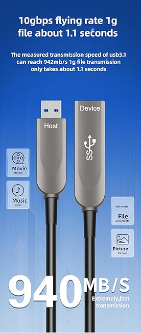 164ft/50m USB Am to Af Fiber Optic Data Cable, 10Gbps Long Distance Data Transfer USB 3.1 Am to Af, for VR, Camera, PC, Laptop, Webcam, Printer, Webcam etc.