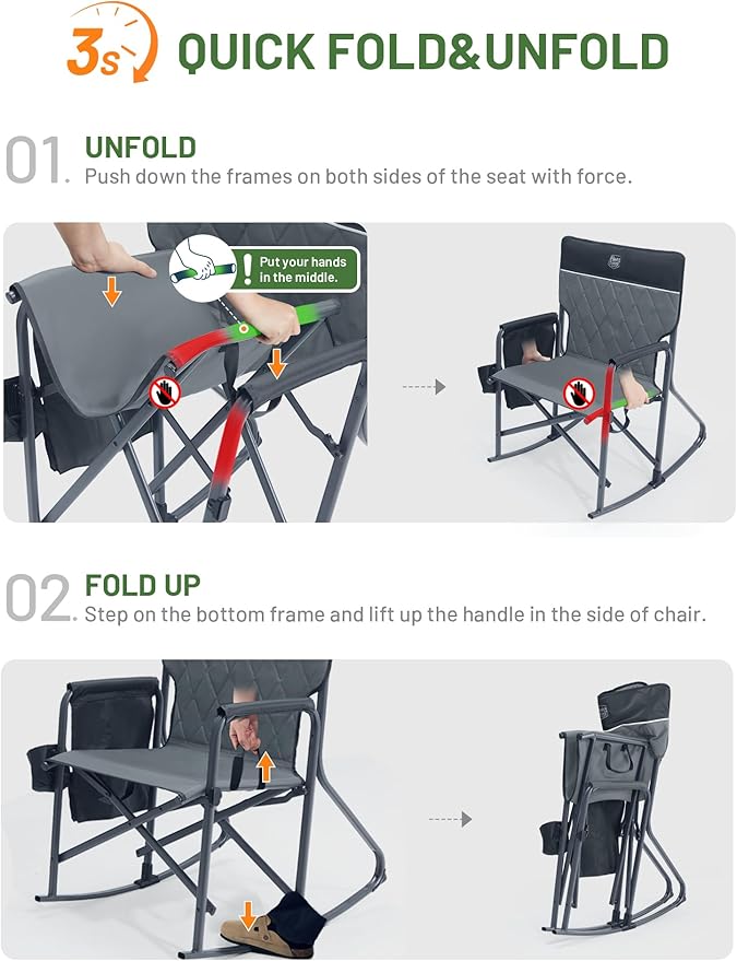 TIMBER RIDGE Folding Oversized Rocking Camping Chair, 400lbs Capacity Portable Outdoor Rocker with Hard Armrests, Cup Holder & Side Pocket, Quick-Fold Design for Outdoor, Patio, Lawn, Gray