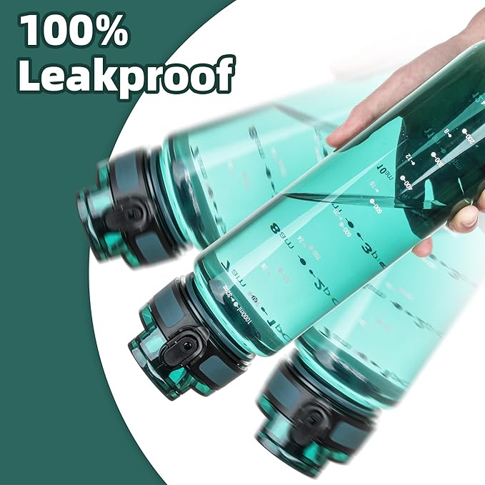 OLDLEY 32 oz Water Bottle, Motivational Water Bottle with Time Marker, Sports Water Bottle With Strap, Leakproof & BPA Free Large Water Bottles for School, Gym, Travel, Tritan, Transparent Dark Green
