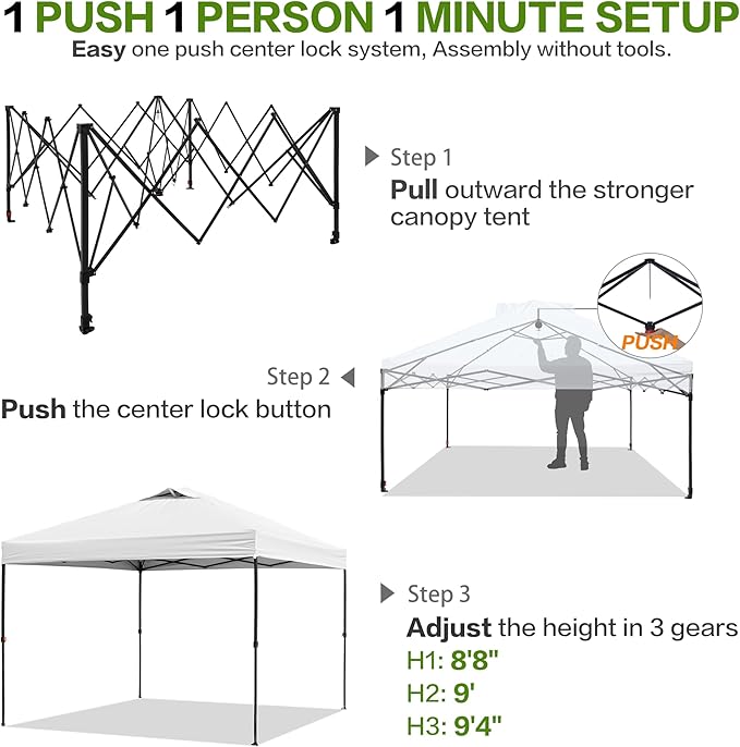 12'x12' Pop Up Canopy Tent with 1 Sidewall and 6 Pockets, One Push Setup, Instant Shade Tent with Vented Roof for Beach Patio Outdoor, Case, 8 Stakes, 4 Ropes, 4 Sandbags (White, 12x12)